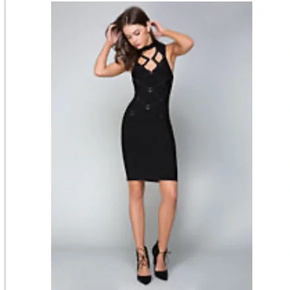 bebe black and gold bandage dress Bandage Cross Front Dress Black Gold
